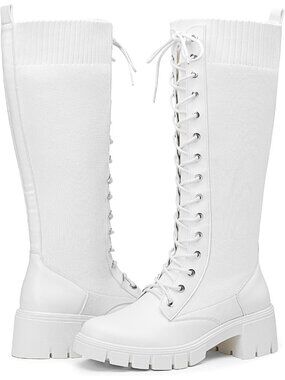 Women's White Round Toe Lace Up Platform Chunky Heel Knee High Boots